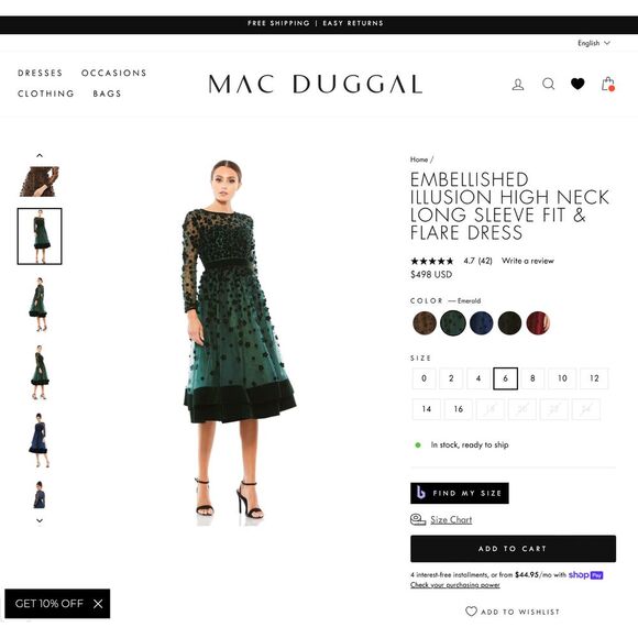 NWT Mac Duggal [ 6‎ ] Embellished Illusion Long Sleeve Fit Flare Dress  Emerald - Picture 3 of 14